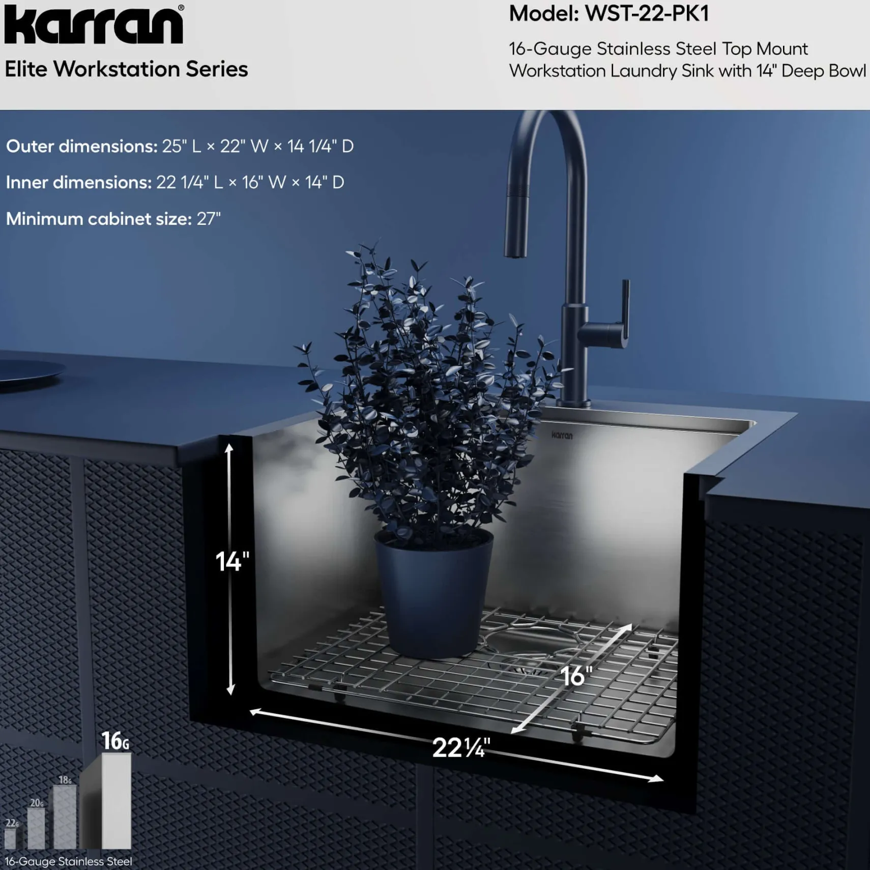 Karran Elite Workstation 25" Drop In/Topmount Stainless Steel Workstation Kitchen Sink with Accessories, 16 Gauge, WST-22-PK1