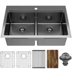 Karran Elite Workstation 33" Drop In Stainless Steel Kitchen Sink, 50/50 Double Bowl, Gunmetal Black, WST-28-D1-PK1