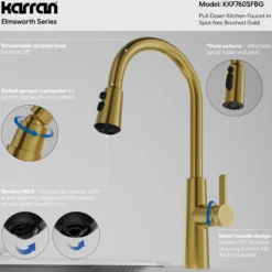 Karran Elmsworth 1.8 GPM Single Lever Lead-free Brass ADA Kitchen Faucet, Pull-Down, Spot-Free Brushed Gold, KKF760SFBG