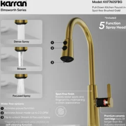 Karran Elmsworth 1.8 GPM Single Lever Lead-free Brass ADA Kitchen Faucet, Pull-Down, Spot-Free Brushed Gold, KKF760SFBG