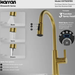 Karran Elmsworth 1.8 GPM Single Lever Lead-free Brass ADA Kitchen Faucet, Pull-Down, Spot-Free Brushed Gold, KKF760SFBG