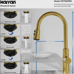 Karran Elmsworth 1.8 GPM Single Lever Lead-free Brass ADA Kitchen Faucet, Pull-Down, Spot-Free Brushed Gold, KKF760SFBG