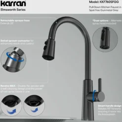 Karran Elmsworth 1.8 GPM Single Lever Lead-free Brass ADA Kitchen Faucet, Pull-Down, Spot-Free Gunmetal Grey, KKF760SFGG