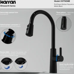Karran Elmsworth 1.8 GPM Single Lever Lead-free Brass ADA Kitchen Faucet, Pull-Down, Matte Black, KKF760MB