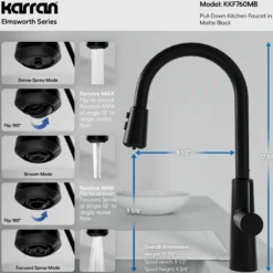Karran Elmsworth 1.8 GPM Single Lever Lead-free Brass ADA Kitchen Faucet, Pull-Down, Matte Black, KKF760MB