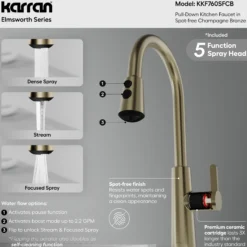 Karran Elmsworth 1.8 GPM Single Lever Lead-free Brass ADA Kitchen Faucet, Pull-Down, Spot-Free Champagne Bronze, KKF760SFCB