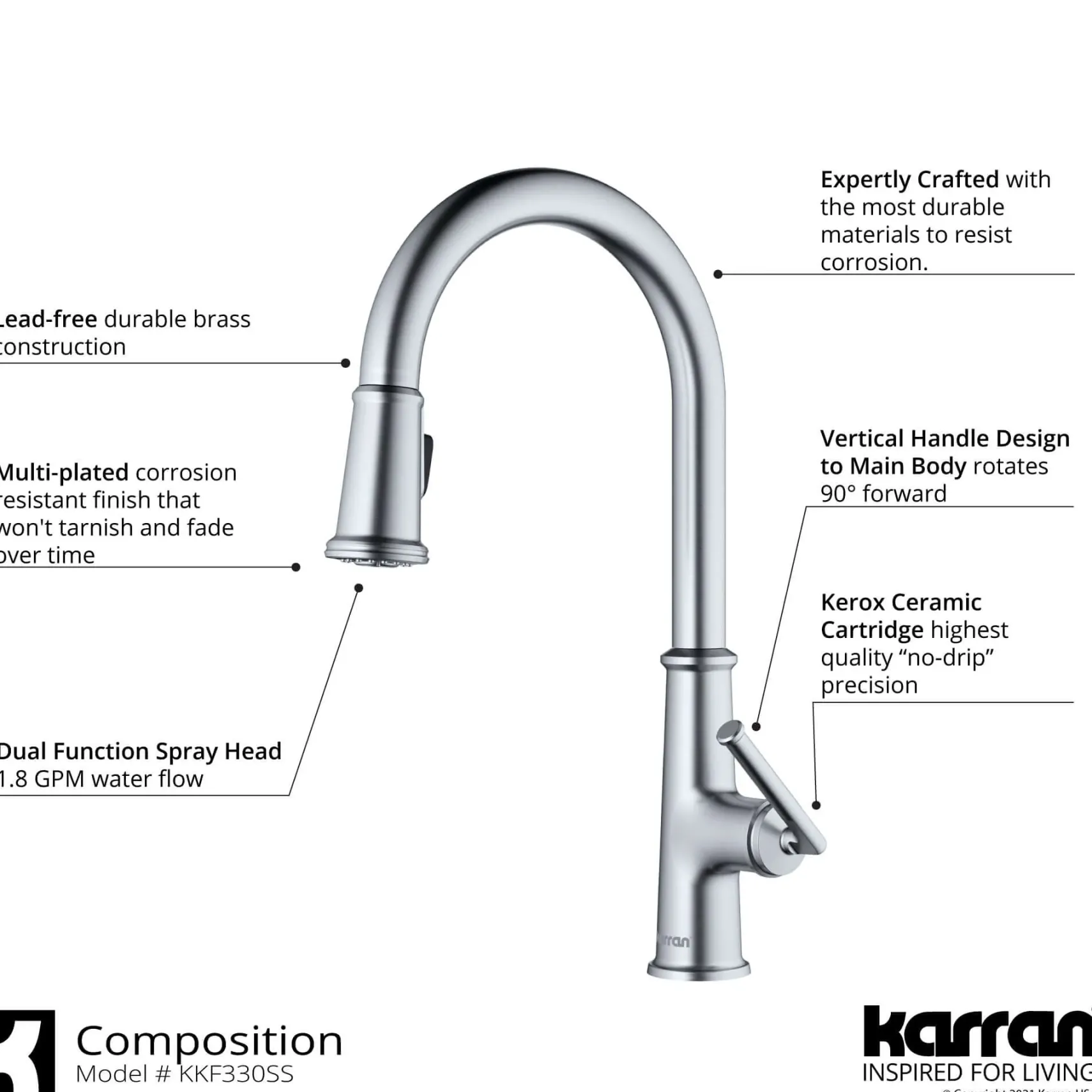 Karran Elwood 1.8 GPM Single Lever Handle Lead-free Brass ADA Kitchen Faucet, Pull-Down Kitchen, Stainless Steel, KKF330SS