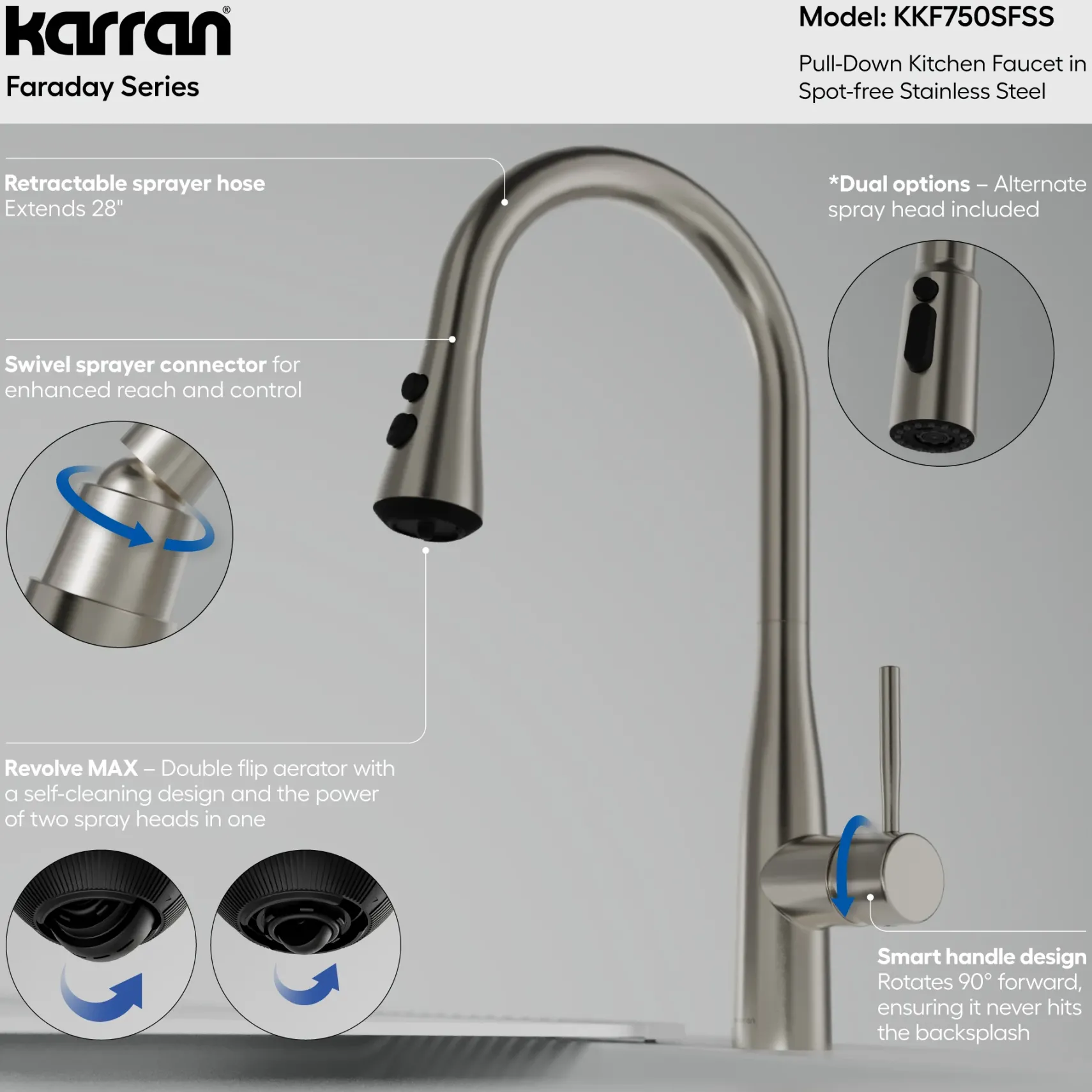 Karran Faraday 1.8 GPM Single Lever Lead-free Brass ADA Kitchen Faucet, Pull-Down, Spot Free Stainless Steel, KKF750SFSS