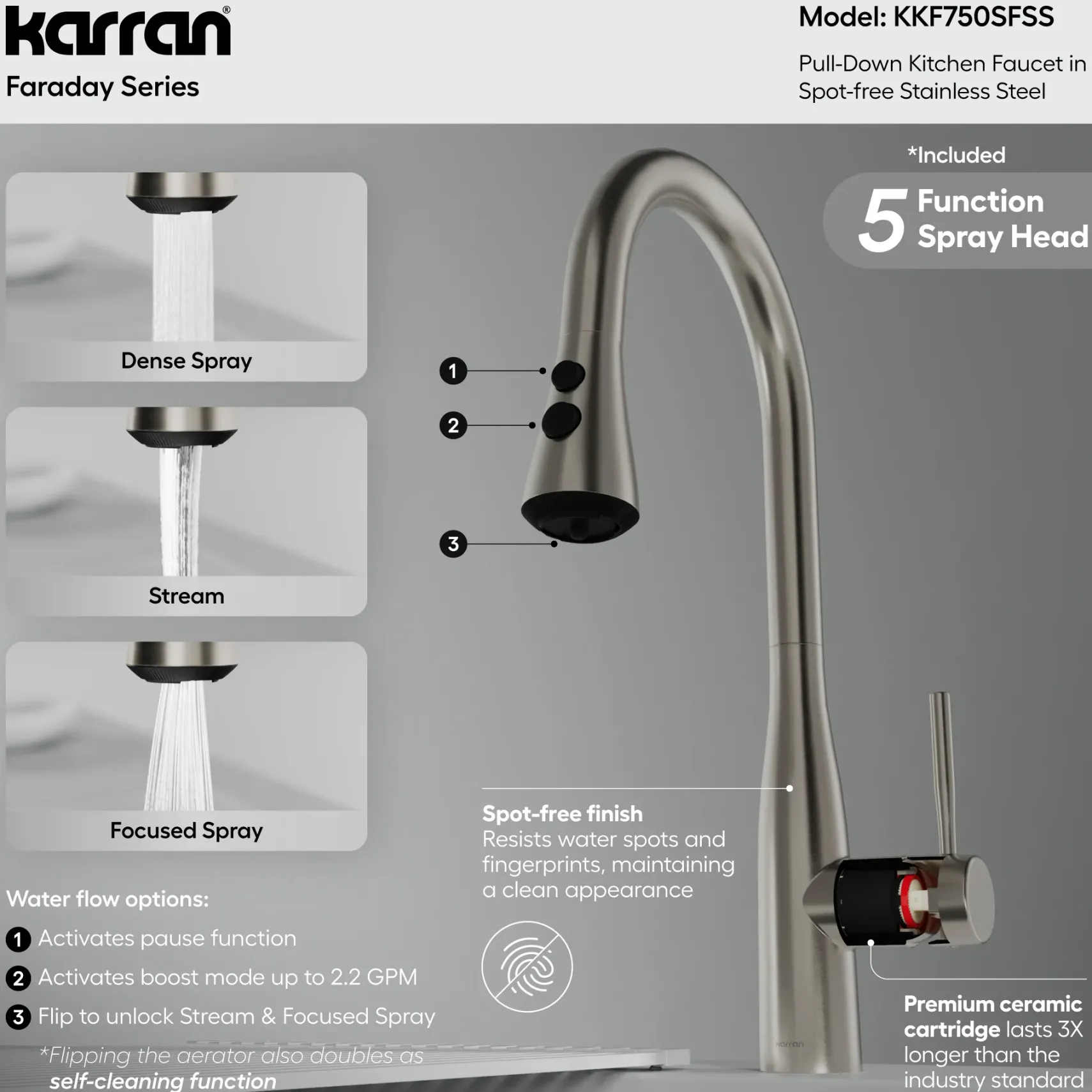 Karran Faraday 1.8 GPM Single Lever Lead-free Brass ADA Kitchen Faucet, Pull-Down, Spot Free Stainless Steel, KKF750SFSS