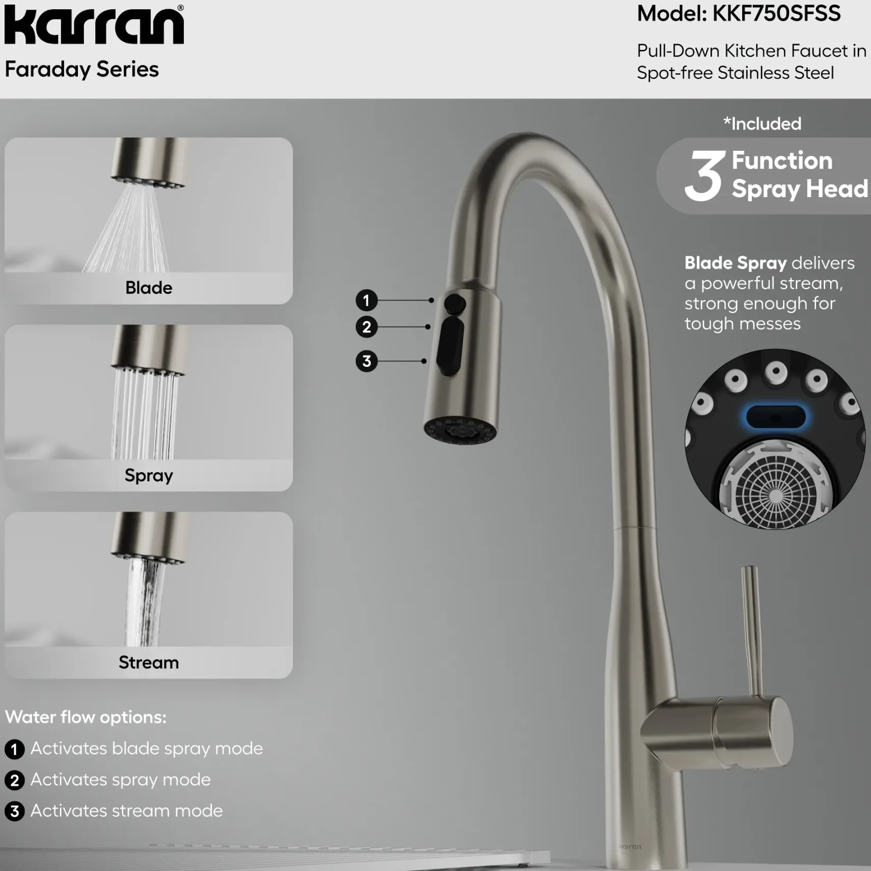 Karran Faraday 1.8 GPM Single Lever Lead-free Brass ADA Kitchen Faucet, Pull-Down, Spot Free Stainless Steel, KKF750SFSS