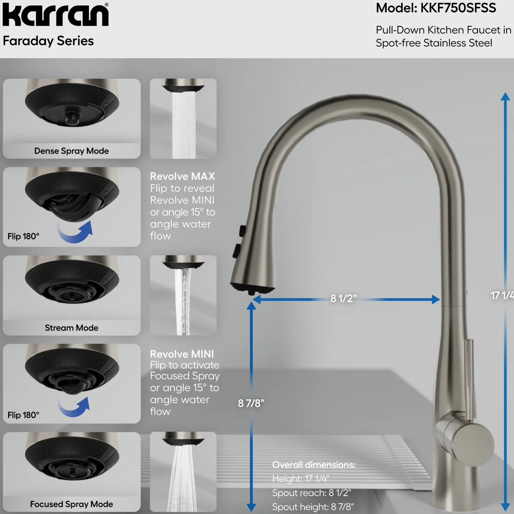 Karran Faraday 1.8 GPM Single Lever Lead-free Brass ADA Kitchen Faucet, Pull-Down, Spot Free Stainless Steel, KKF750SFSS