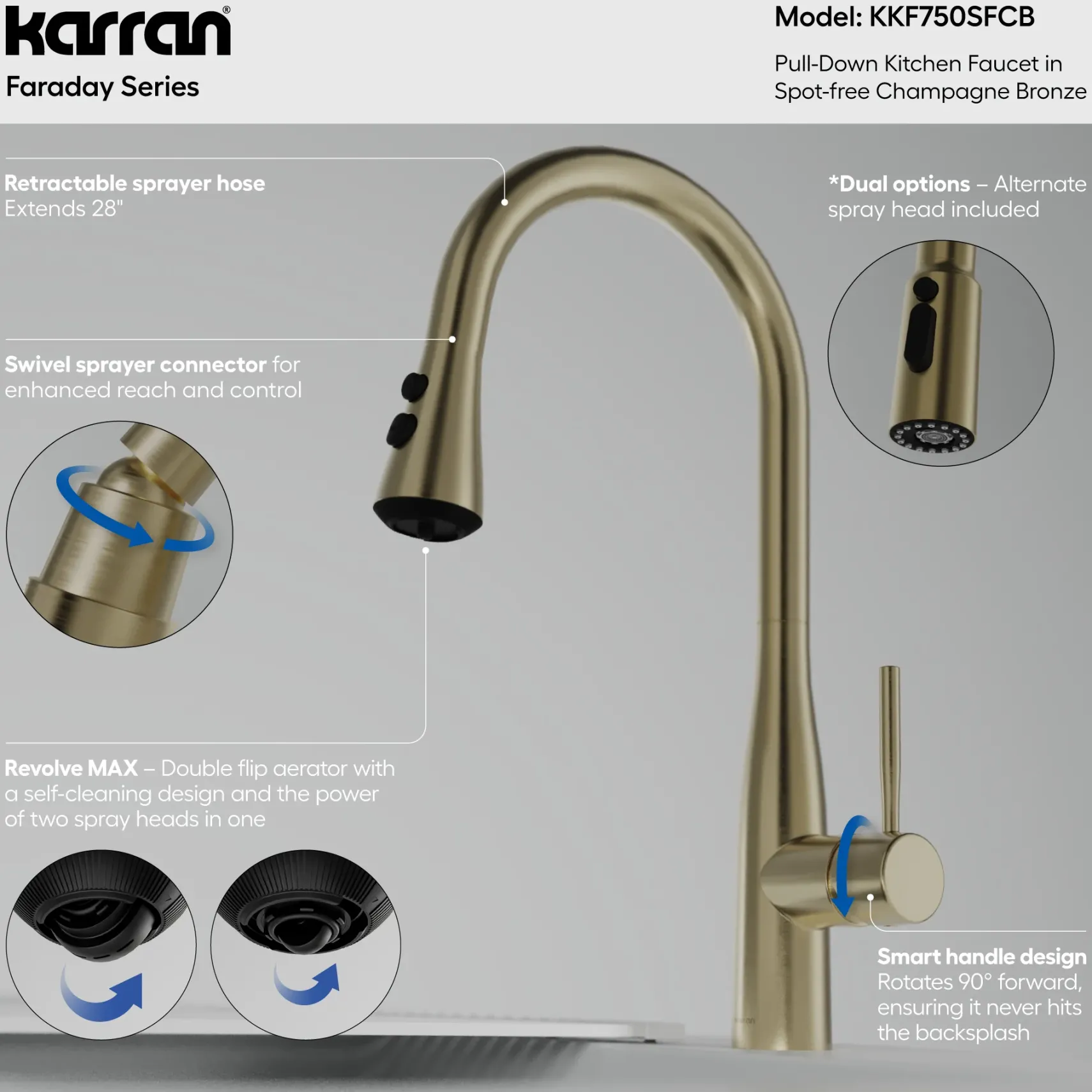 Karran Faraday 1.8 GPM Single Lever Lead-free Brass ADA Kitchen Faucet, Pull-Down, Spot-Free Champagne Bronze, KKF750SFCB