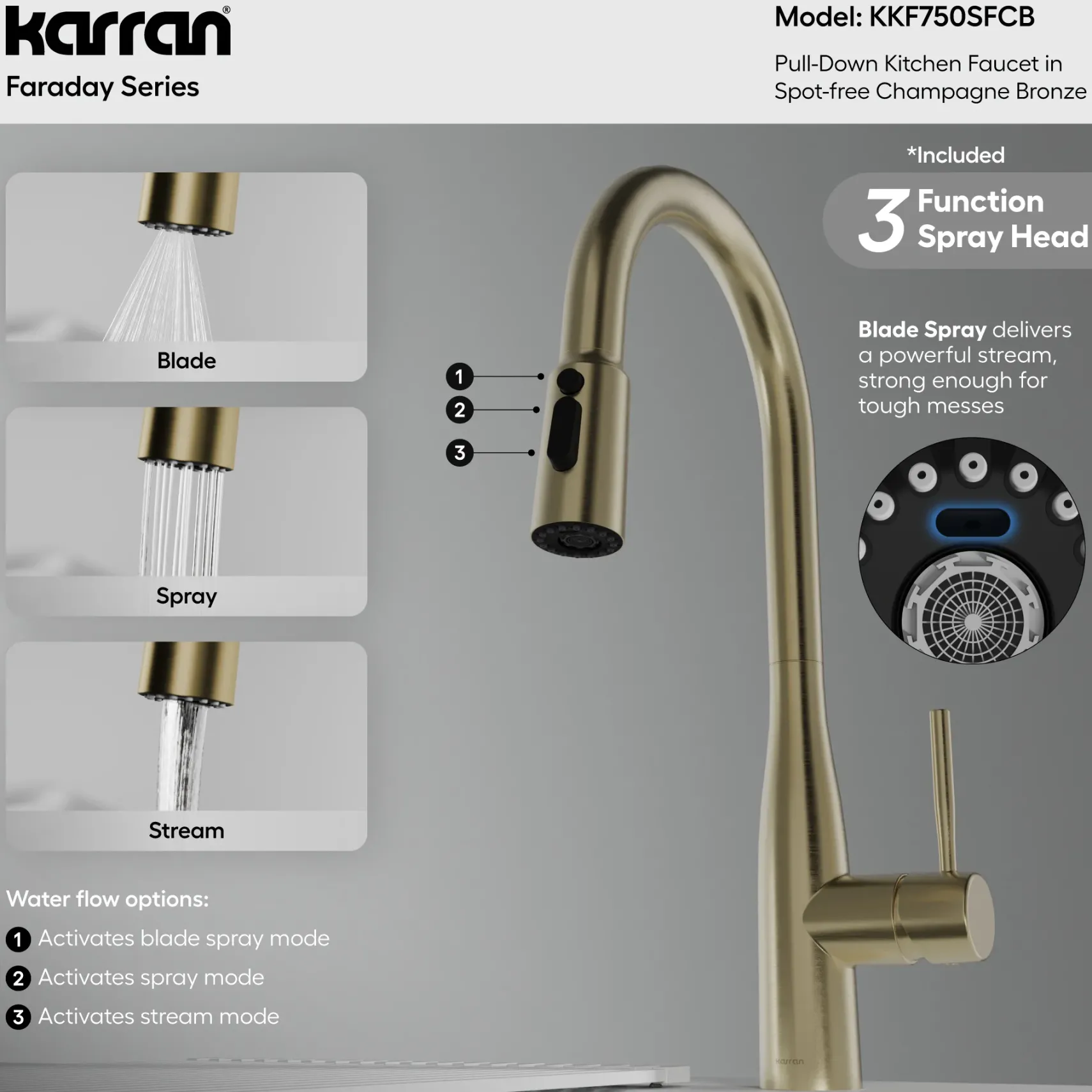 Karran Faraday 1.8 GPM Single Lever Lead-free Brass ADA Kitchen Faucet, Pull-Down, Spot-Free Champagne Bronze, KKF750SFCB