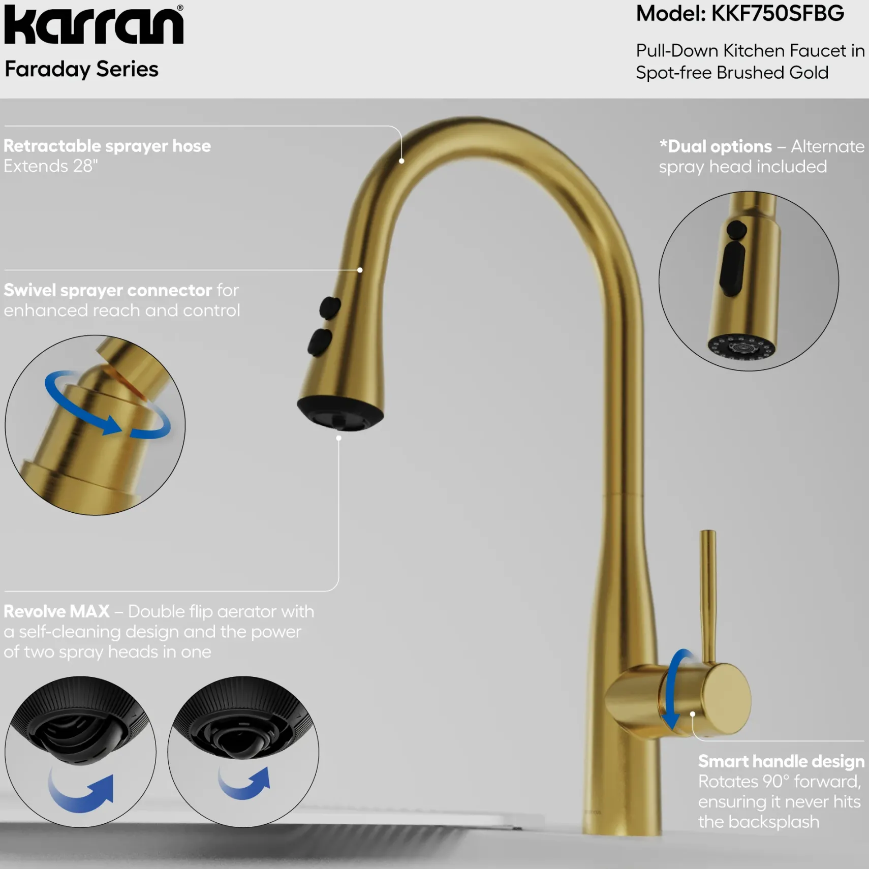 Karran Faraday 1.8 GPM Single Lever Lead-free Brass ADA Kitchen Faucet, Pull-Down, Spot-Free Brushed Gold, KKF750SFBG