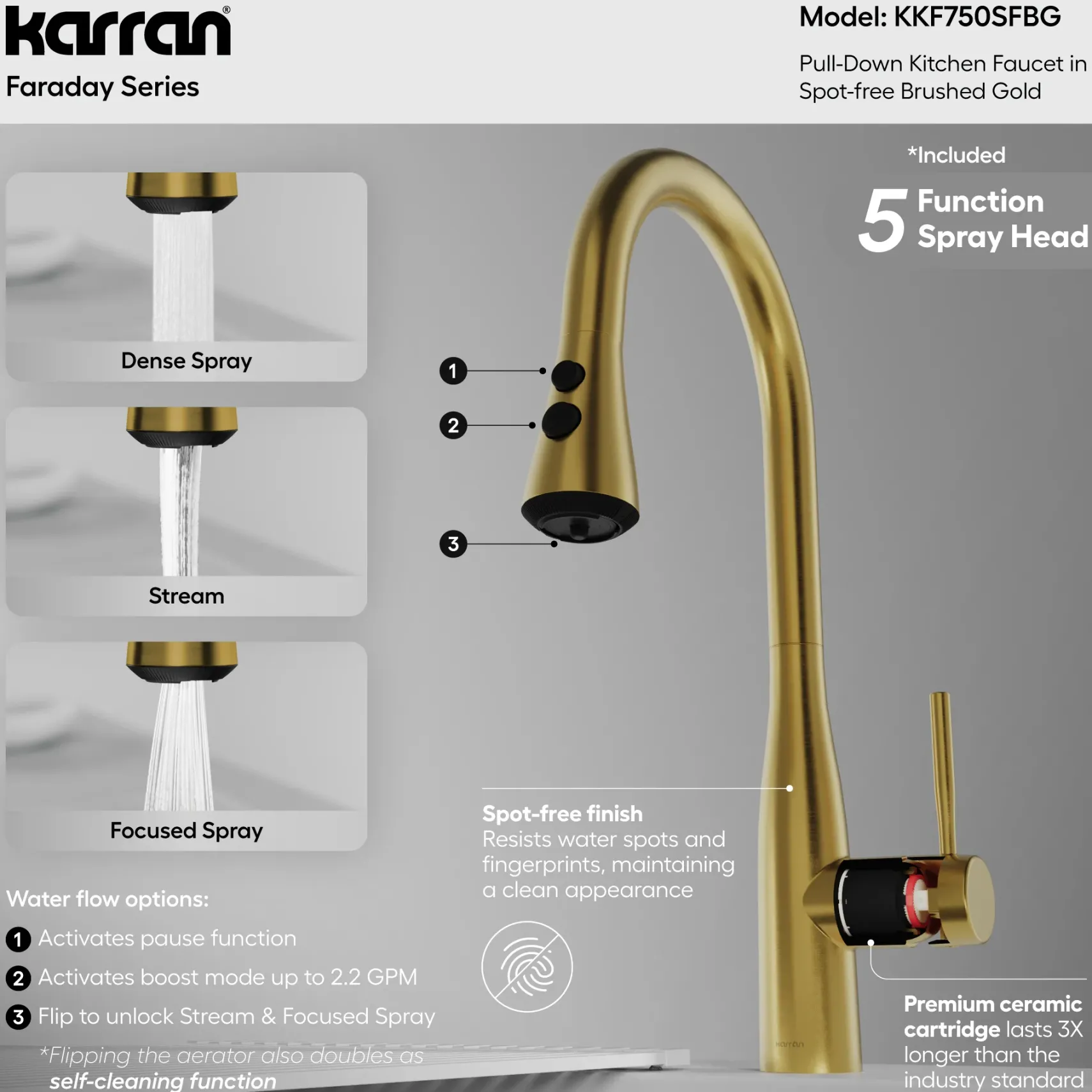 Karran Faraday 1.8 GPM Single Lever Lead-free Brass ADA Kitchen Faucet, Pull-Down, Spot-Free Brushed Gold, KKF750SFBG