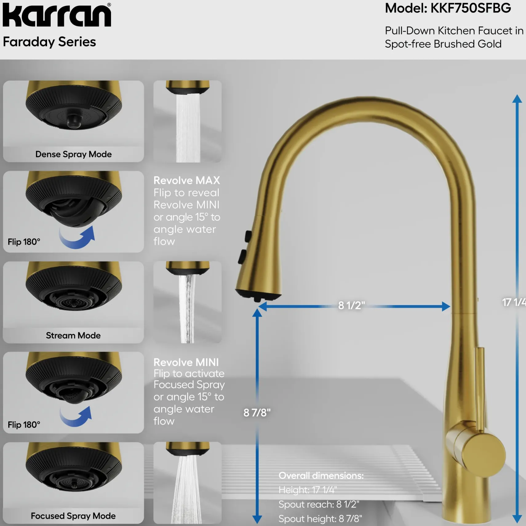 Karran Faraday 1.8 GPM Single Lever Lead-free Brass ADA Kitchen Faucet, Pull-Down, Spot-Free Brushed Gold, KKF750SFBG