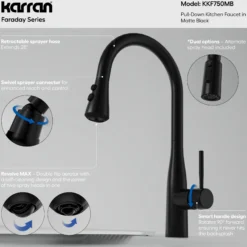 Karran Faraday 1.8 GPM Single Lever Lead-free Brass ADA Kitchen Faucet, Pull-Down, Matte Black, KKF750MB