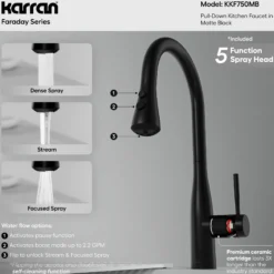 Karran Faraday 1.8 GPM Single Lever Lead-free Brass ADA Kitchen Faucet, Pull-Down, Matte Black, KKF750MB