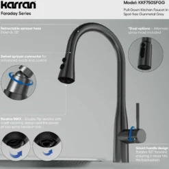 Karran Faraday 1.8 GPM Single Lever Lead-free Brass ADA Kitchen Faucet, Pull-Down, Spot-Free Gunmetal Grey, KKF750SFGG