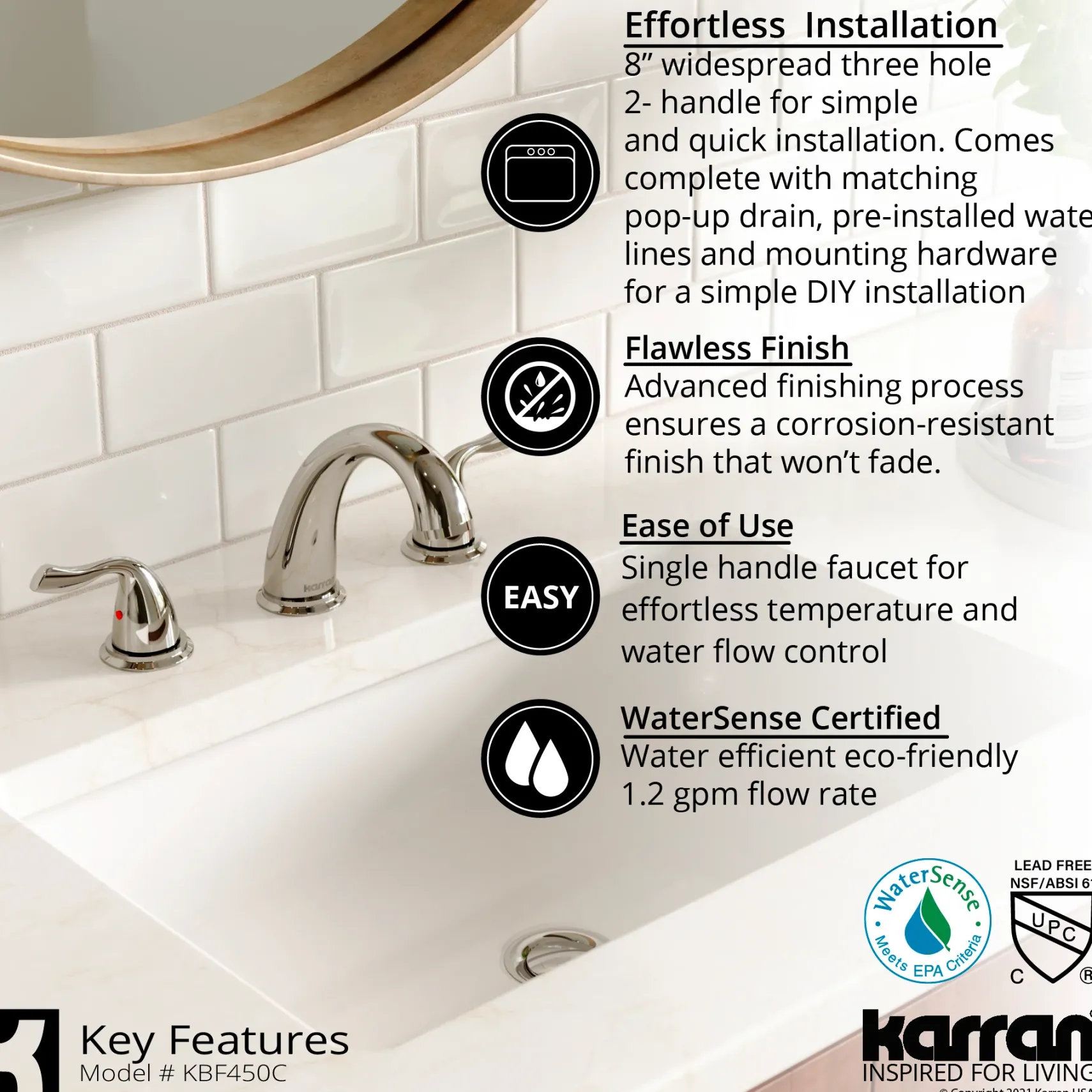 Karran Fulham 1.2 GPM Double Lever Handle Lead-free Brass ADA Bathroom Faucet, Widespread, Chrome, KBF450C