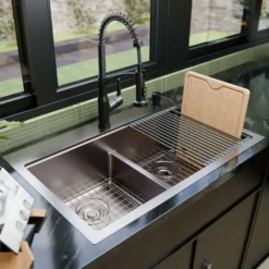 Karran Fusion 33" Drop In/Topmount Stainless Steel Workstation Kitchen Sink with Accessories, 50/50 Double Bowl, 16 Gauge, WSTMDB3323-PK1