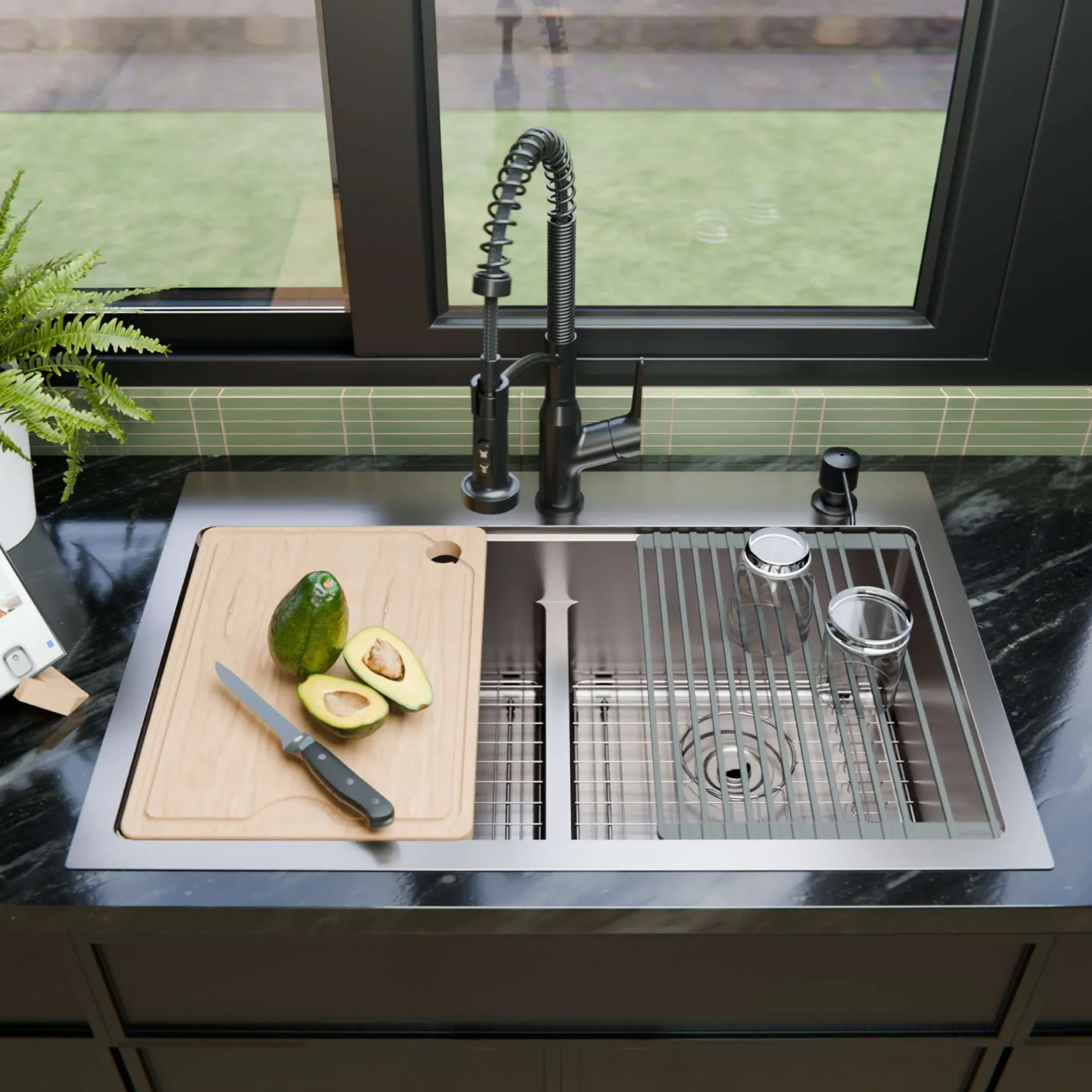 Karran Fusion 33" Drop In/Topmount Stainless Steel Workstation Kitchen Sink with Accessories, 50/50 Double Bowl, 16 Gauge, WSTMDB3323-PK1