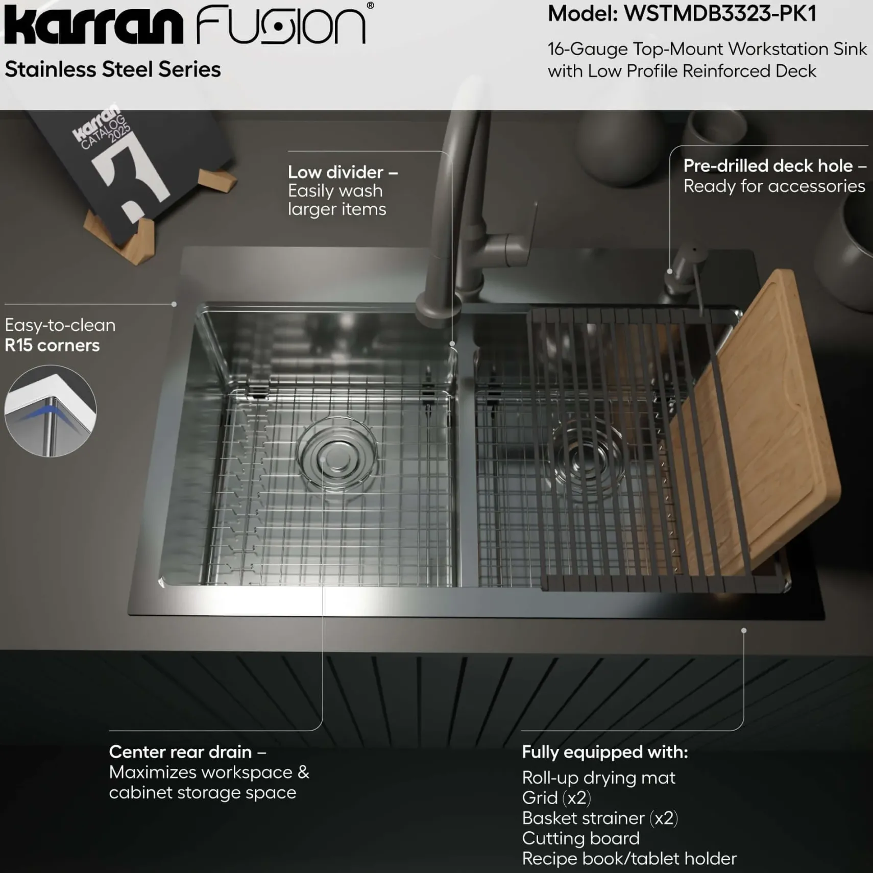 Karran Fusion 33" Drop In/Topmount Stainless Steel Workstation Kitchen Sink with Accessories, 50/50 Double Bowl, 16 Gauge, WSTMDB3323-PK1