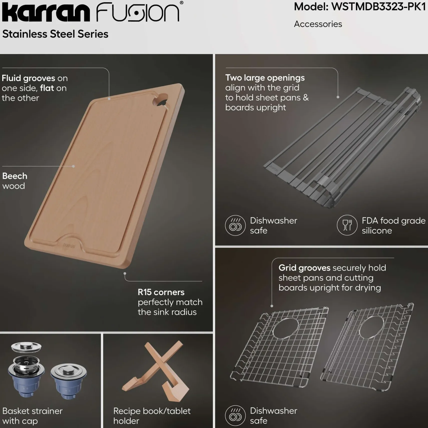 Karran Fusion 33" Drop In/Topmount Stainless Steel Workstation Kitchen Sink with Accessories, 50/50 Double Bowl, 16 Gauge, WSTMDB3323-PK1