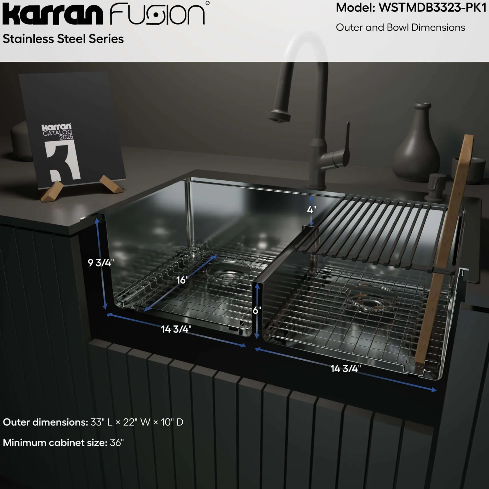 Karran Fusion 33" Drop In/Topmount Stainless Steel Workstation Kitchen Sink with Accessories, 50/50 Double Bowl, 16 Gauge, WSTMDB3323-PK1