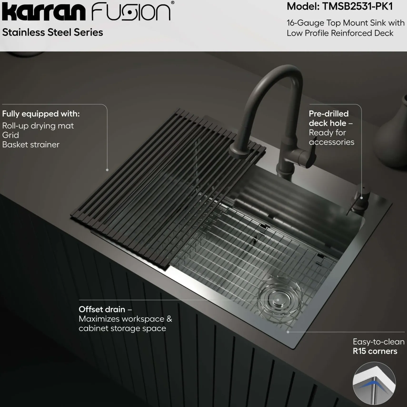 Karran Fusion 25" Drop In/Topmount Stainless Steel ADA Kitchen Sink with Accessories, 16 Gauge, TMSB2531-PK1