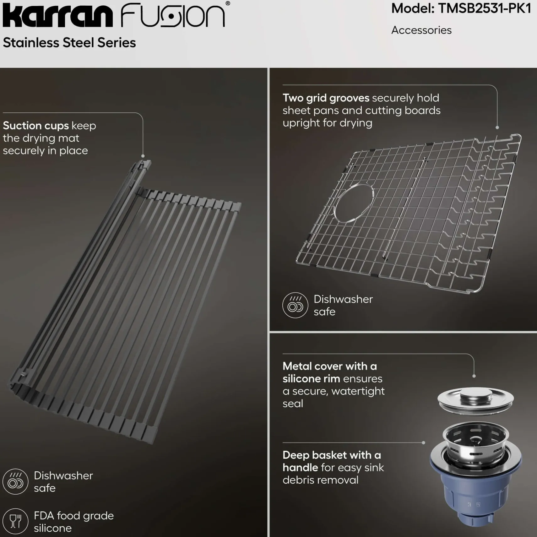 Karran Fusion 25" Drop In/Topmount Stainless Steel ADA Kitchen Sink with Accessories, 16 Gauge, TMSB2531-PK1