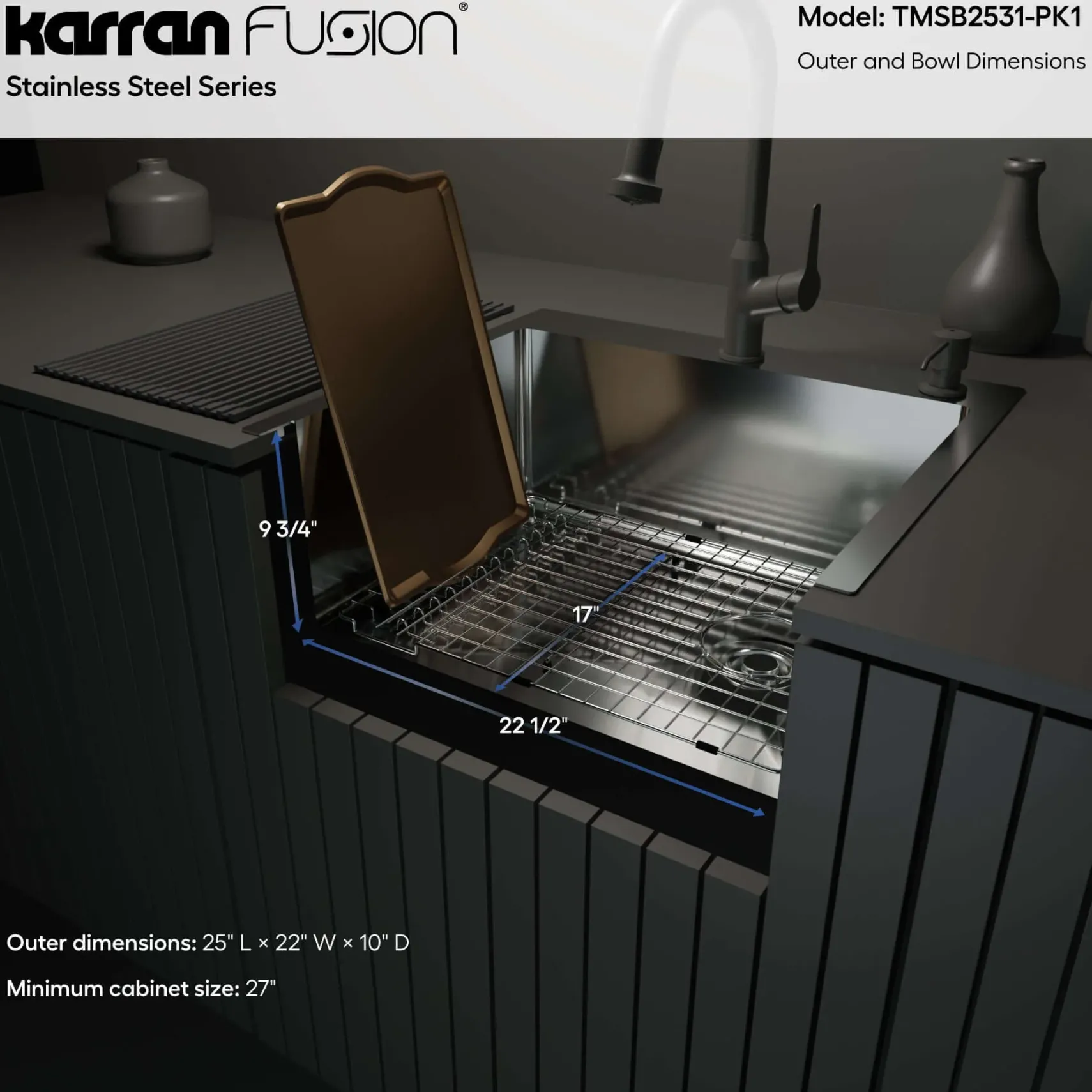 Karran Fusion 25" Drop In/Topmount Stainless Steel ADA Kitchen Sink with Accessories, 16 Gauge, TMSB2531-PK1