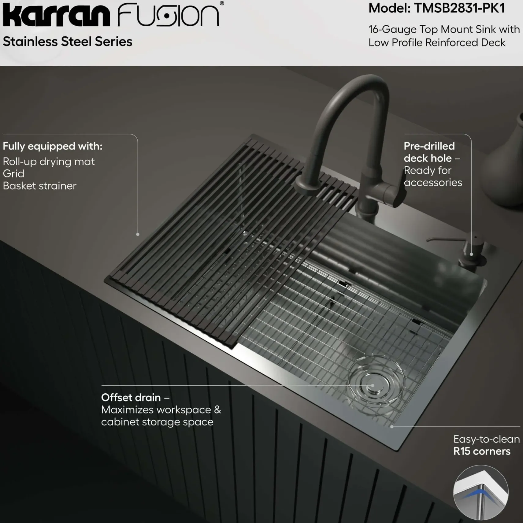 Karran Fusion 28" Drop In/Topmount Stainless Steel Kitchen Sink with Accessories, 16 Gauge, TMSB2831-PK1