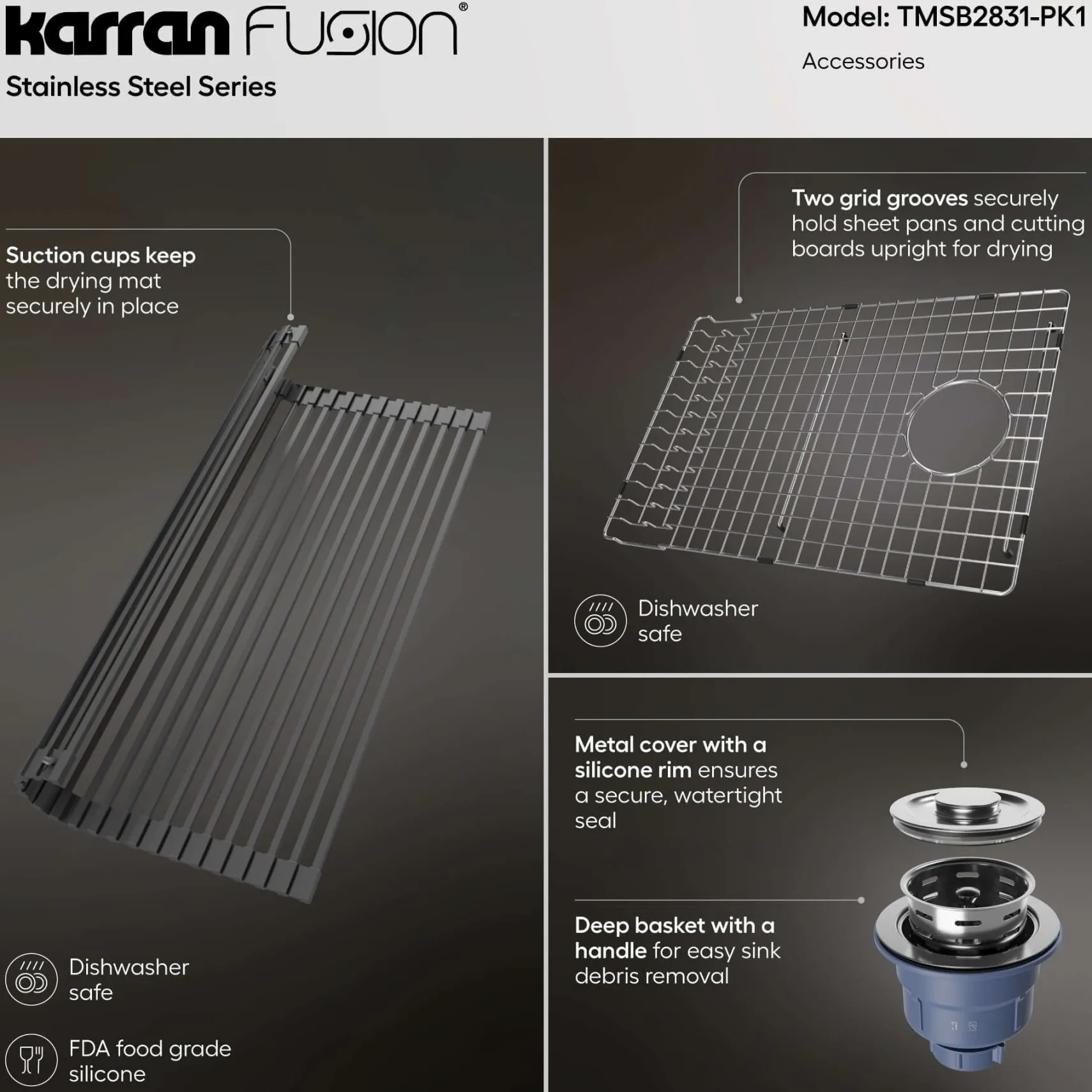 Karran Fusion 28" Drop In/Topmount Stainless Steel Kitchen Sink with Accessories, 16 Gauge, TMSB2831-PK1
