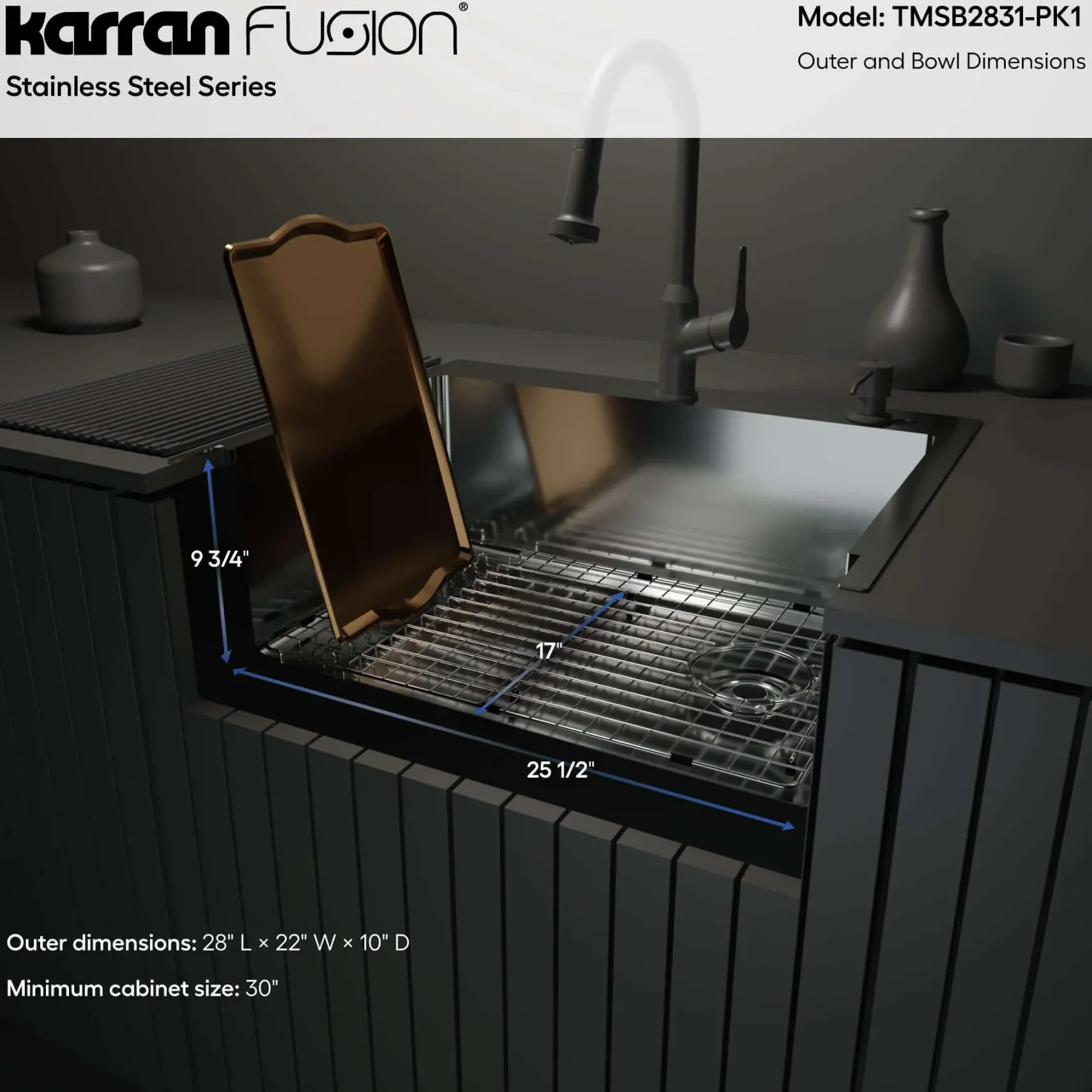 Karran Fusion 28" Drop In/Topmount Stainless Steel Kitchen Sink with Accessories, 16 Gauge, TMSB2831-PK1