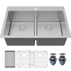 Karran Fusion 33" Drop In/Topmount Stainless Steel Kitchen Sink with Accessories, 50/50 Double Bowl, 16 Gauge, TMDB3321-PK1