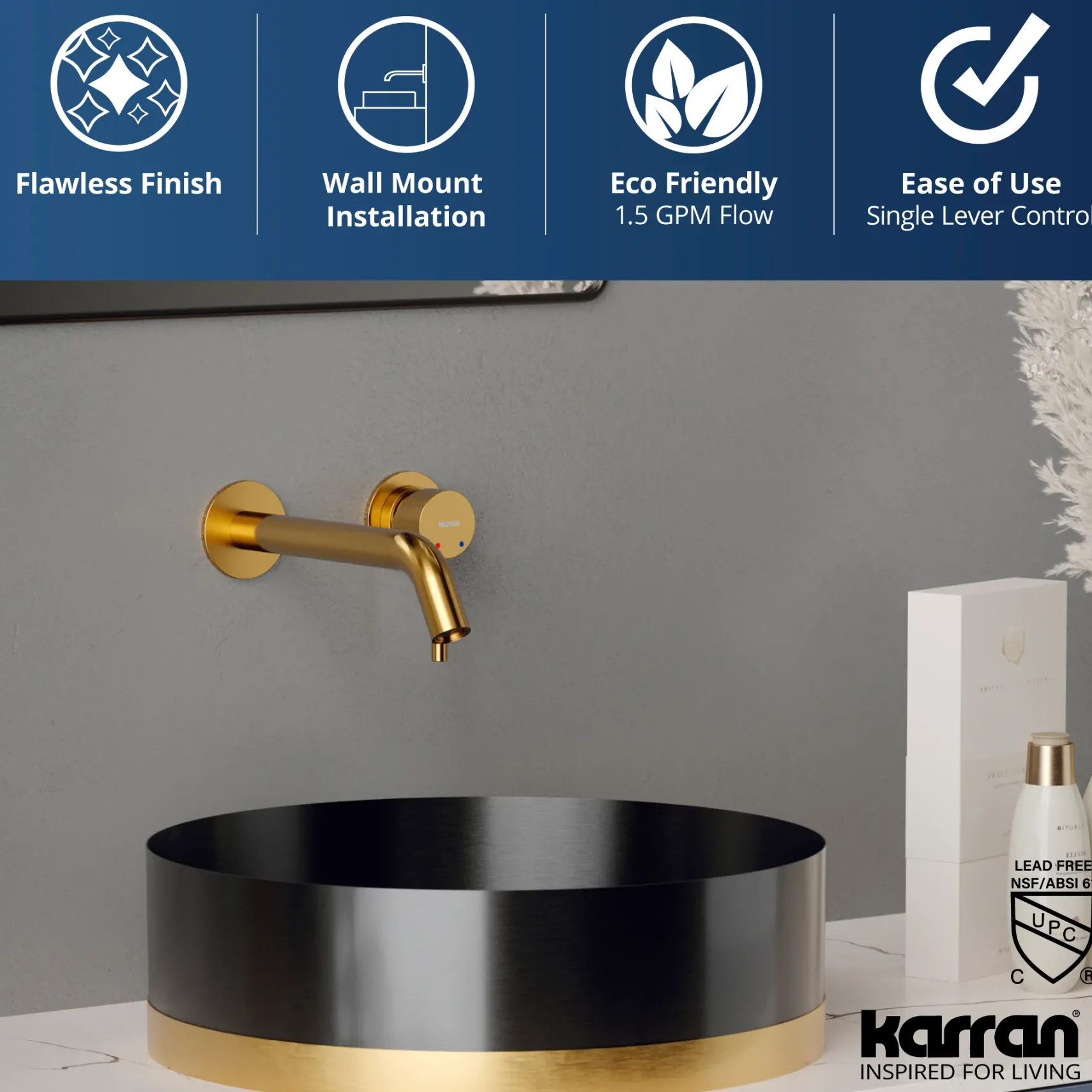 Karran Grantham 1.5 GPM Single Lever Handle Lead-free Brass ADA Bathroom Faucet, Wall Mounted, Gold, KBF610G