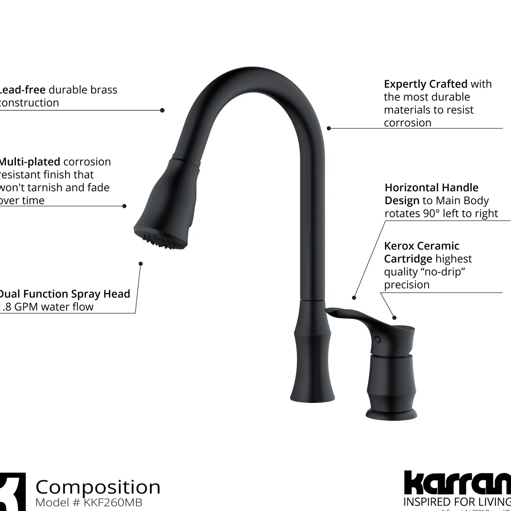 Karran Hillwood 1.8 GPM Single Lever Handle Lead-free Brass ADA Kitchen Faucet, Pull-Down Kitchen, Matte Black, KKF260MB