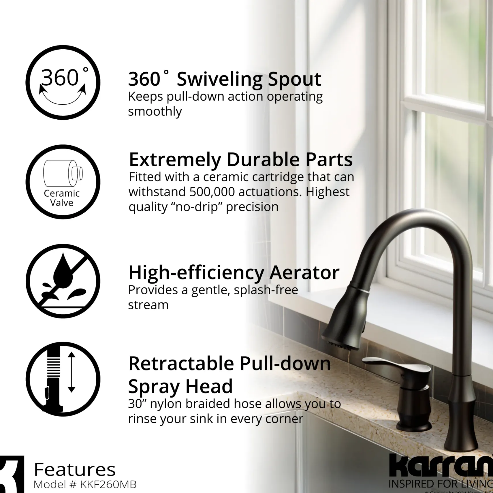 Karran Hillwood 1.8 GPM Single Lever Handle Lead-free Brass ADA Kitchen Faucet, Pull-Down Kitchen, Matte Black, KKF260MB