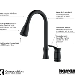 Karran Hillwood 1.8 GPM Single Lever Handle Lead-free Brass ADA Kitchen Faucet, Pull-Down Kitchen, Matte Black, KKF260SD25MB