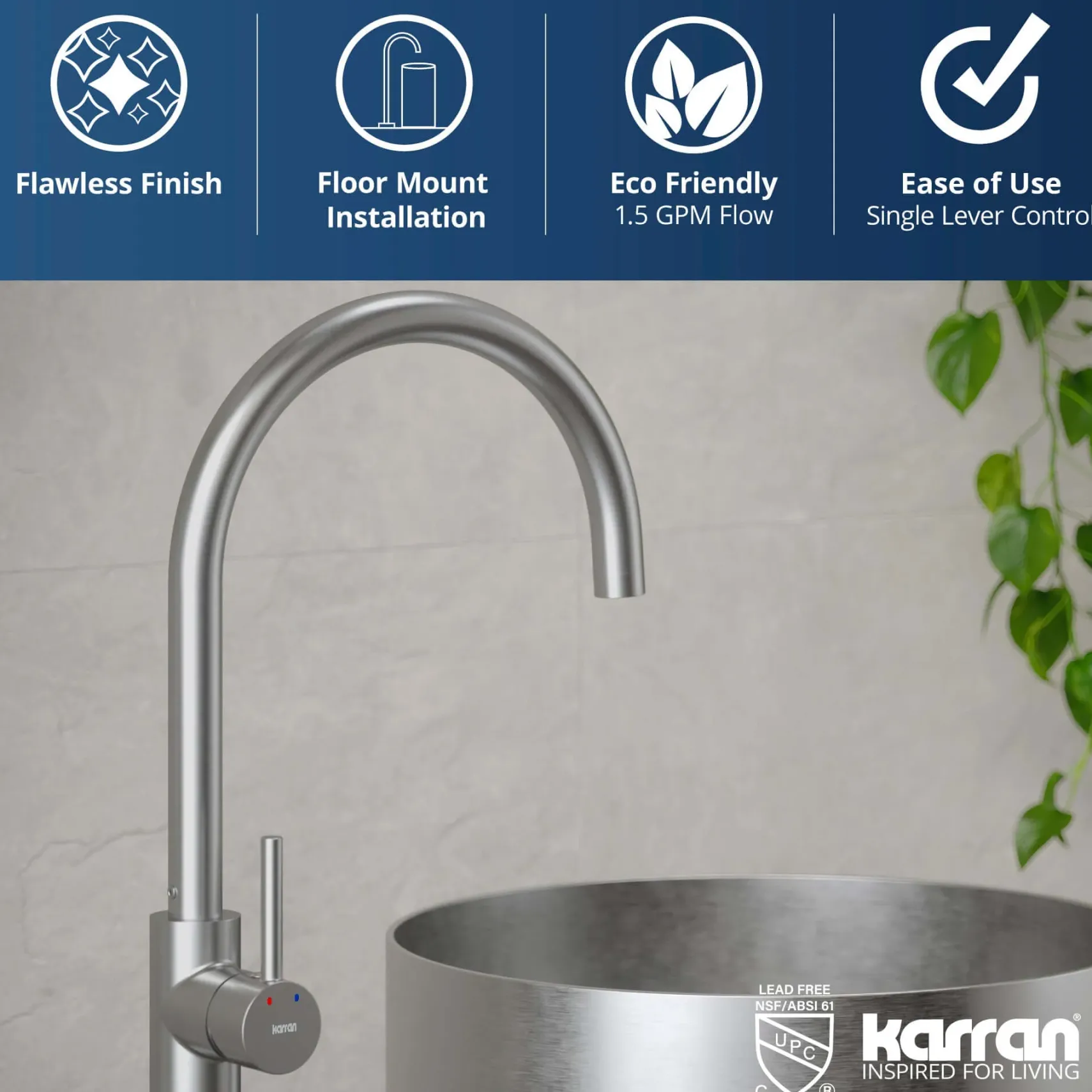 Karran Howick 1.5 GPM Single Lever Handle Lead-free Brass Bathroom Faucet, Freestanding Floor Mounted, Stainless Steel, KBF650SS