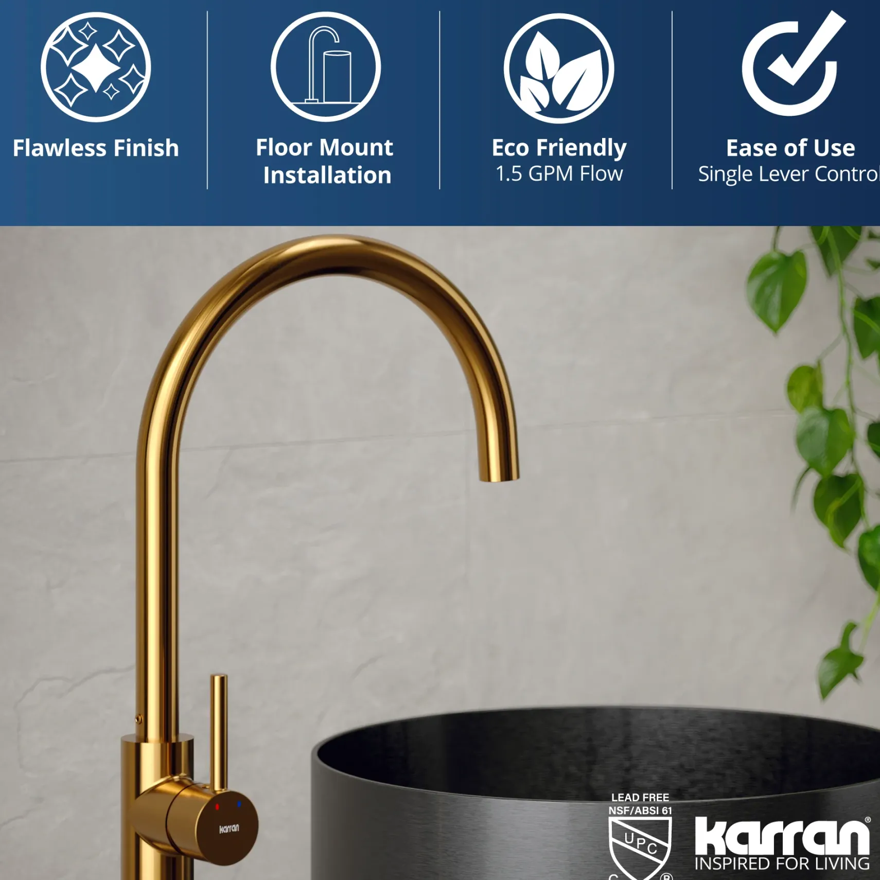 Karran Howick 1.5 GPM Single Lever Handle Lead-free Brass Bathroom Faucet, Freestanding Floor Mounted, Gold, KBF650G