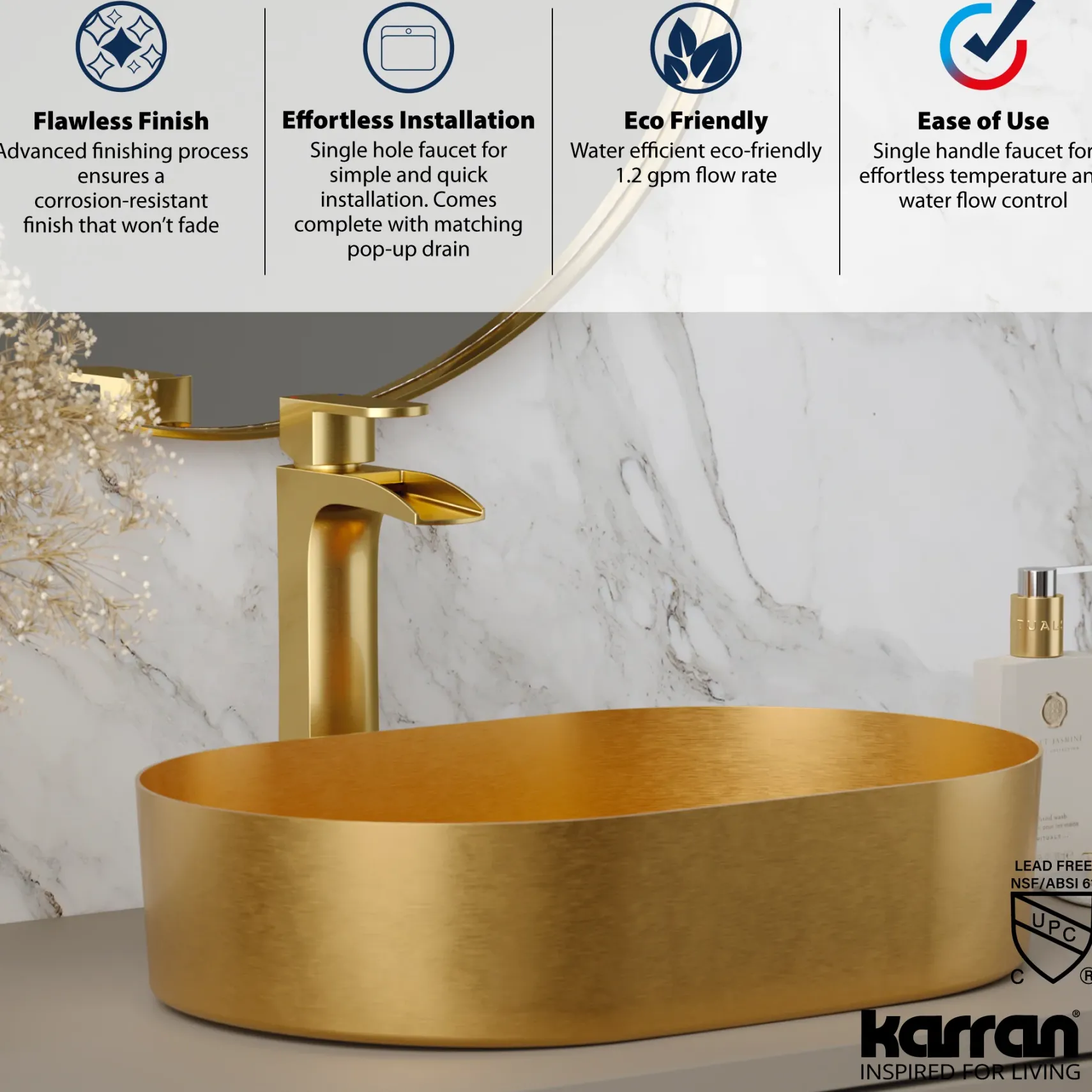 Karran Kassel 1.2 GPM Single Lever Handle Lead-free Brass ADA Bathroom Faucet, Vessel, Brushed Gold, KBF442BG