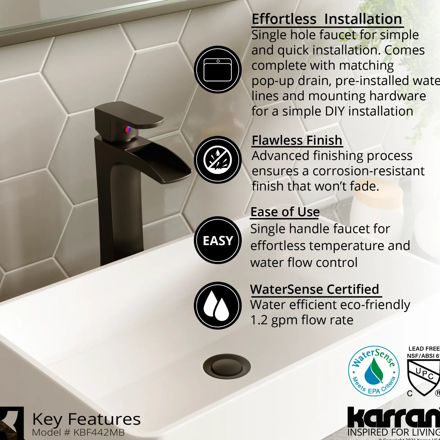 Karran Kassel 1.2 GPM Single Lever Handle Lead-free Brass ADA Bathroom Faucet, Vessel, Matte Black, KBF442MB