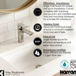 Karran Kayes 1.2 GPM Single Lever Handle Lead-free Brass ADA Bathroom Faucet, Basin, Chrome, KBF420C