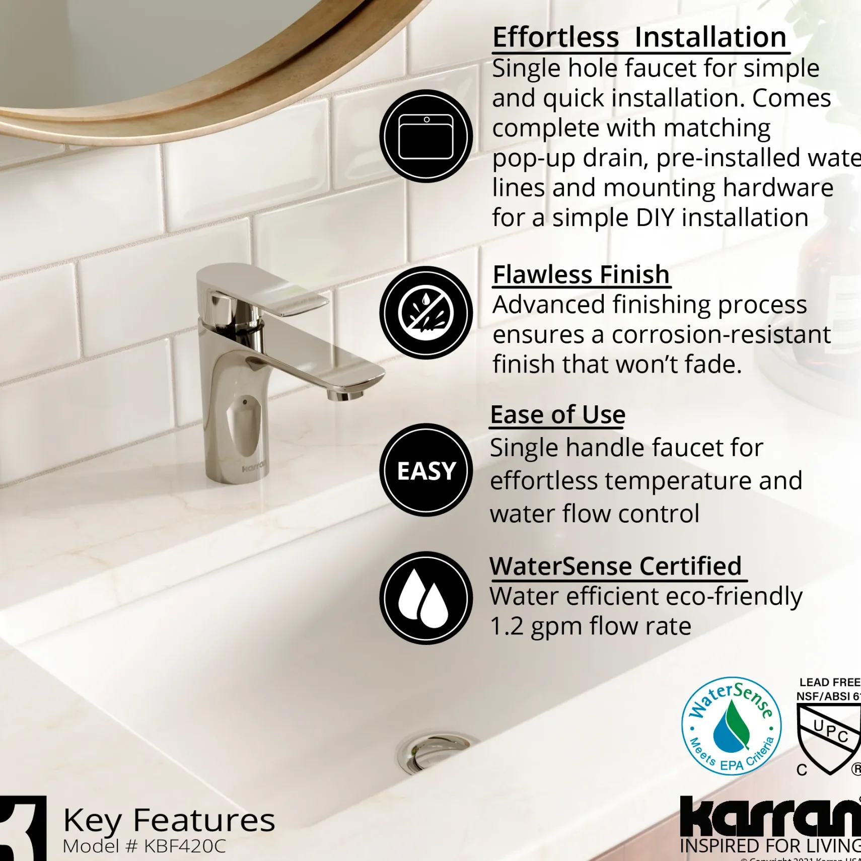 Karran Kayes 1.2 GPM Single Lever Handle Lead-free Brass ADA Bathroom Faucet, Basin, Chrome, KBF420C