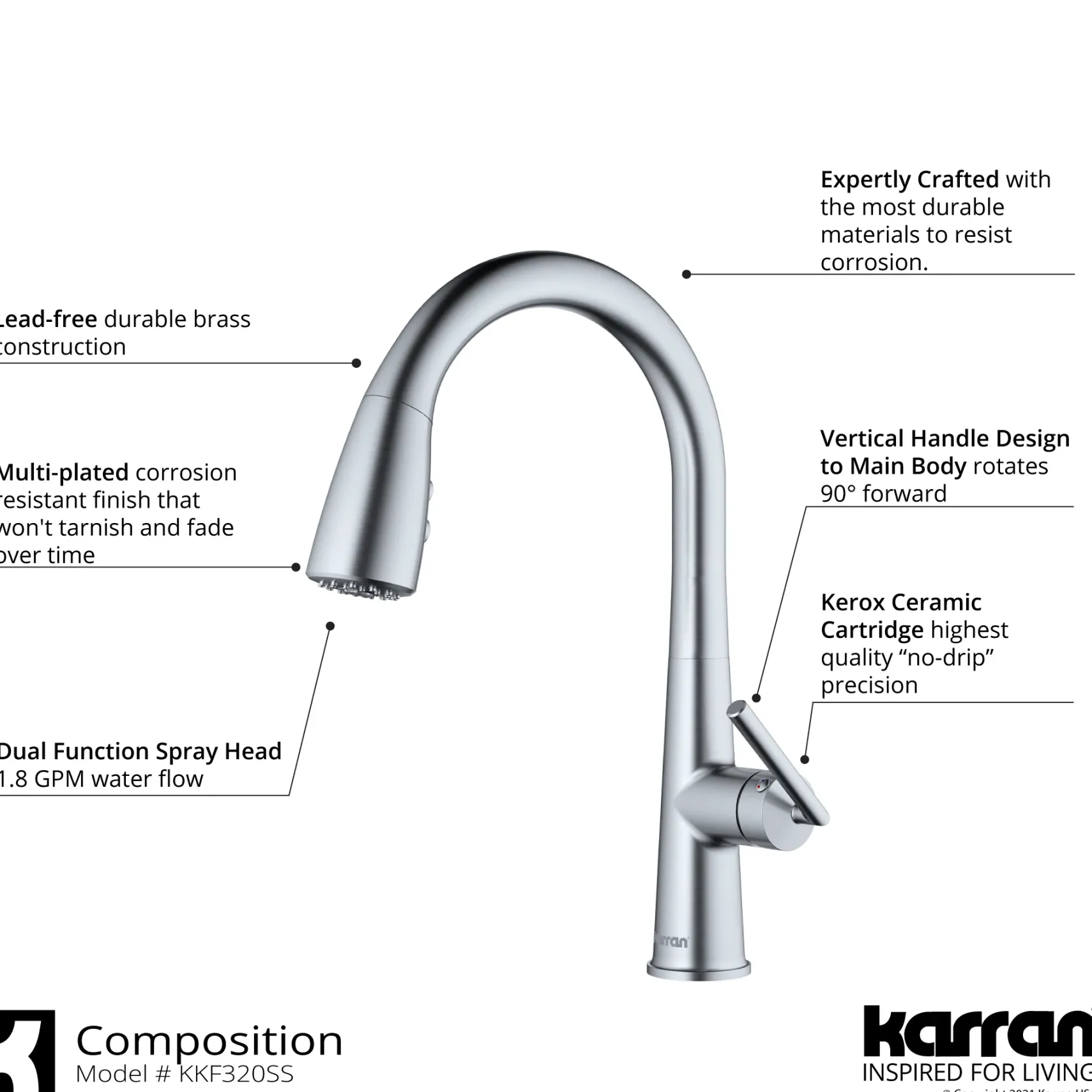 Karran Kentland 1.8 GPM Single Lever Handle Lead-free Brass ADA Kitchen Faucet, Pull-Down Kitchen, Stainless Steel, KKF320SS
