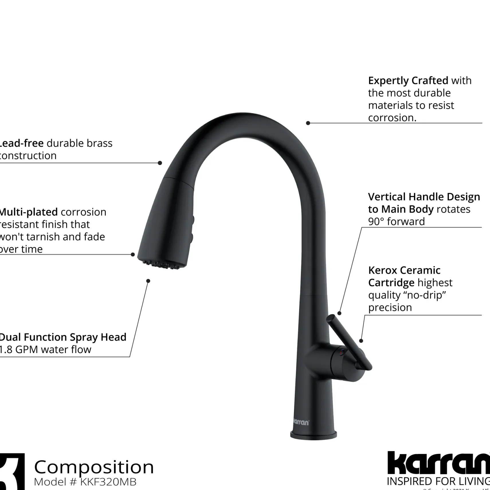 Karran Kentland 1.8 GPM Single Lever Handle Lead-free Brass ADA Kitchen Faucet, Pull-Down Kitchen, Matte Black, KKF320MB
