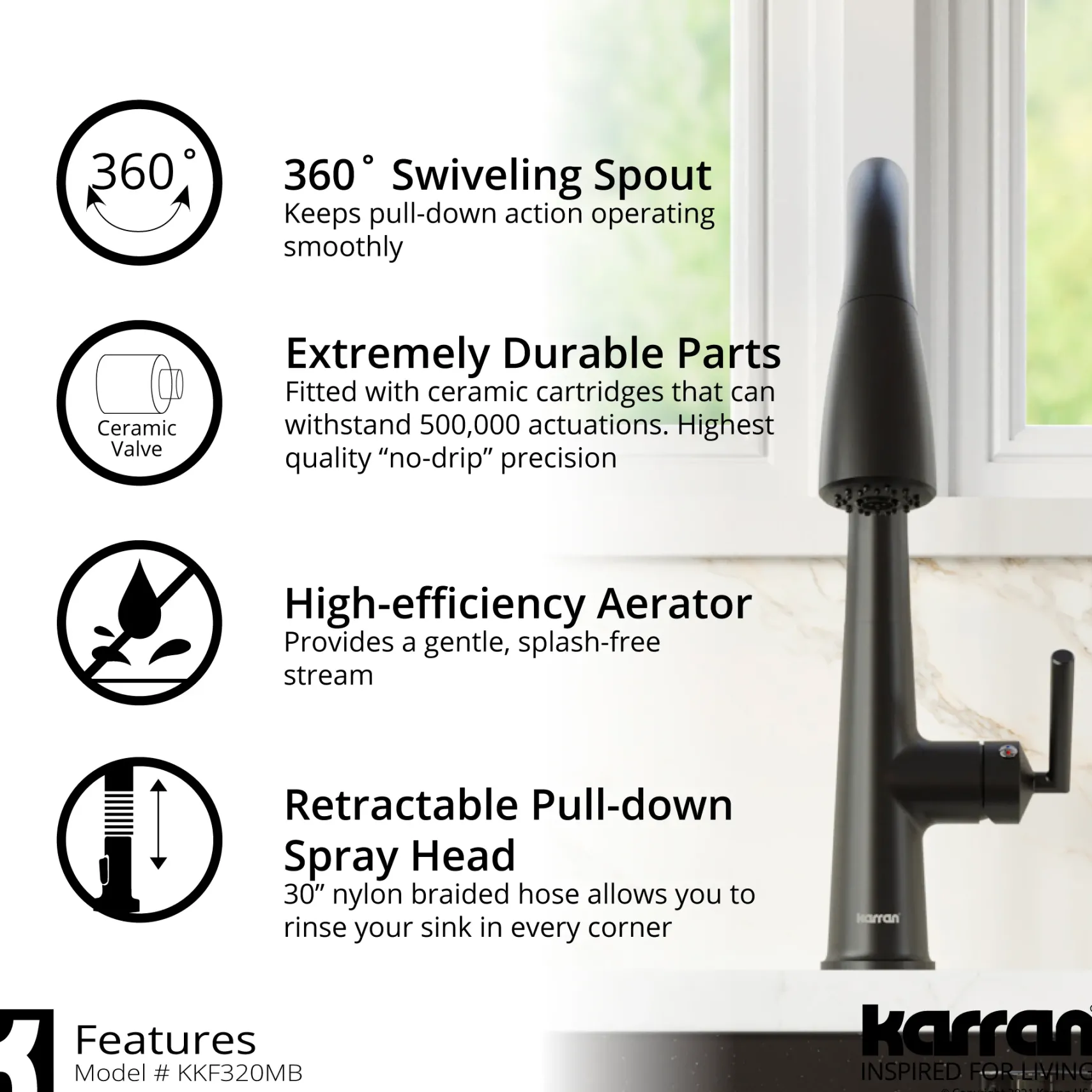 Karran Kentland 1.8 GPM Single Lever Handle Lead-free Brass ADA Kitchen Faucet, Pull-Down Kitchen, Matte Black, KKF320MB