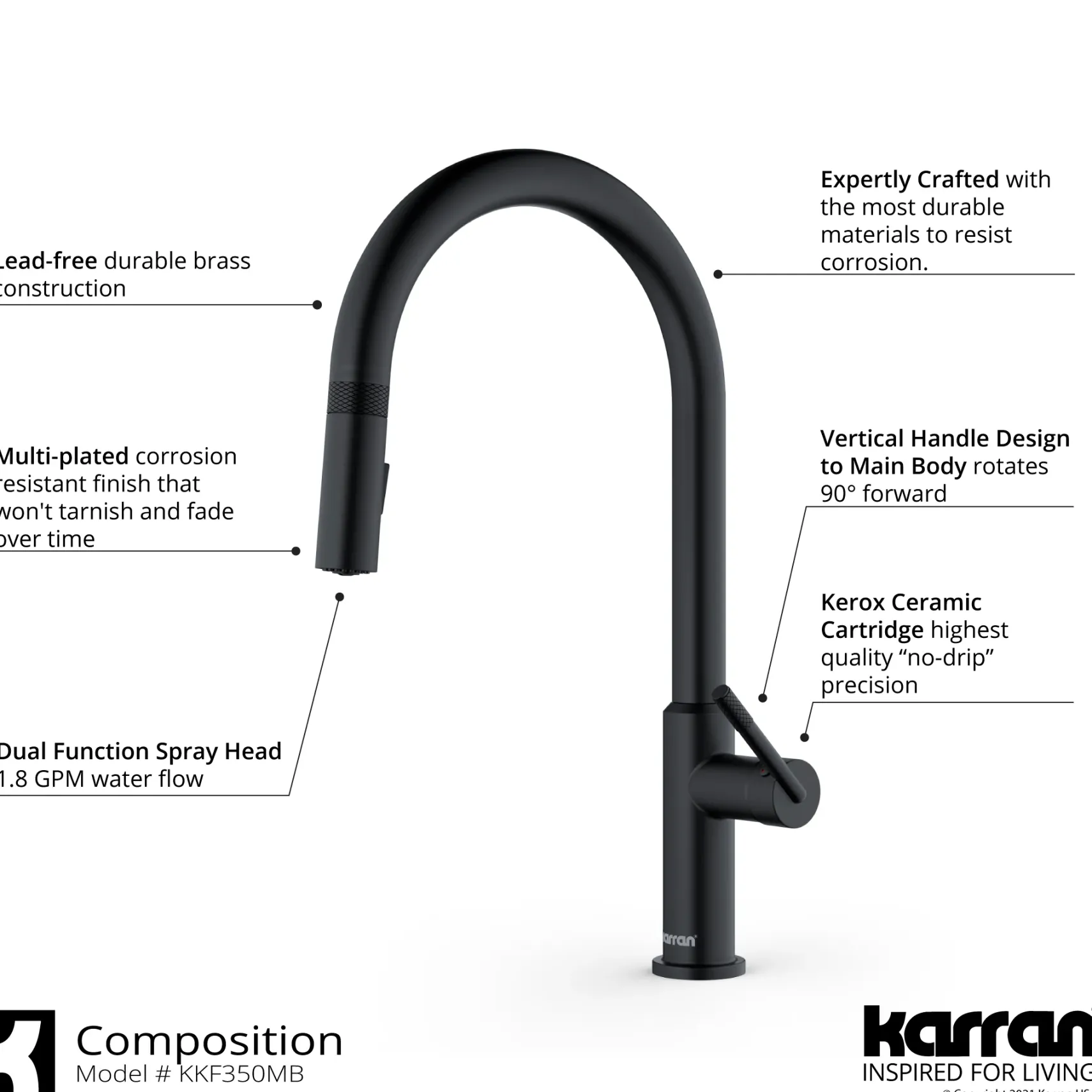 Karran Lagrange 1.8 GPM Single Lever Handle Lead-free Brass ADA Kitchen Faucet, Pull-Down Kitchen, Matte Black, KKF350MB